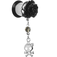 Load image into Gallery viewer, Black Rose Flower Skull Crossbones Dangle Plug Sizes 5mm to 12mm