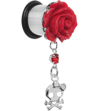 Load image into Gallery viewer, Red Rose Flower Skull Crossbones Dangle Plug Sizes 5mm to 12mm