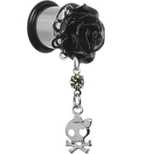 Load image into Gallery viewer, Black Rose Flower Skull Crossbones Dangle Plug Sizes 5mm to 12mm