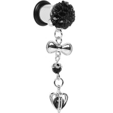 Load image into Gallery viewer, 0G Black Flower Heart to Heart Dangle Plug Sizes 5mm to 12mm