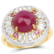 Load image into Gallery viewer, 14K Yellow Gold Plated 8.91 Carat Genuine Glass Filled Ruby, Rhodolite & White Topaz .925 Sterling Silver Ring