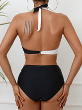 Load image into Gallery viewer, Bikini Black and White Contrast Color Criss Cross Neck 2 Piece Swimsuit for Women – Stylish Medium Stretch Two-Tone Bikini Set with Unique Neckline and Flattering Fit – Modern Swimwear for Beach Days, Pool Lounging, and Summer Escapes