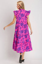 Load image into Gallery viewer, Full Size Ruffled Printed Sleeve Midi Dress Elegant & Beautiful Design Red-Violet Dress