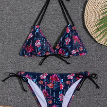 Load image into Gallery viewer, Sunset Bloom 2-Piece Triangle Bikini Set for Women – Vibrant Random Floral Print Halter Neck Swimsuit with Tie-Back Tie-Side Bottoms & High Cut Legs – Women's High-Stretch Swimwear for Summer Beach Escapes