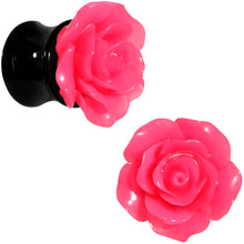 Load image into Gallery viewer, 00G Acrylic Black Neon Pink Rose Flower Saddle Plug Set