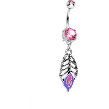 Load image into Gallery viewer, Double Pink Gem Skeletal Leaf Drip Dangle Belly Ring