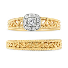 Load image into Gallery viewer, 14K Yellow Gold Plated .925 Sterling Silver 1/5 Cttw Diamond Halo and Milgrain Finish Engagement Ring Bridal Set (I-J Color I3 Clarity) - Size 7