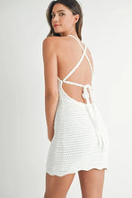 Load image into Gallery viewer, Crochet Crisscross Spaghetti Strap Mini Dress For Summer – Bohemian Crochet Dress, Trendy Crisscross Spaghetti Strap Dress, Flattering, Beach Day Mini Dress, Free-Spirited Summer Dress
