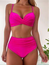 Load image into Gallery viewer, Tropical Vibe High Waist Bikini Set – Flirty V-Neck Swimsuit with Layered Colorblock High Cut Bottom Crisscross Strap Detail & Ultra-Stretch Comfort – Women's Two Piece Swimwear for Summer Beach Pool & Vacation Fun