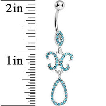 Load image into Gallery viewer, Aqua Gem Crystalline Fleur di Lis Teardrop Double Dangle Belly Ring