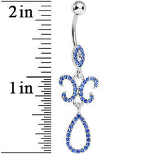 Load image into Gallery viewer, Sapphire Blue Gem Crystalline Fleur di Lis Teardrop Double Dangle Belly Ring