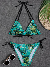 Load image into Gallery viewer, Sunset Bloom 2-Piece Triangle Bikini Set for Women – Vibrant Random Floral Print Halter Neck Swimsuit with Tie-Back Tie-Side Bottoms & High Cut Legs – Women's High-Stretch Swimwear for Summer Beach Escapes