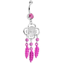 Load image into Gallery viewer, Pink Gem and Feathers Flowered Dreamcatcher Dangle Belly Ring