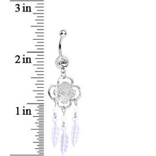Load image into Gallery viewer, Clear Gem and White Feathers Flowered Dreamcatcher Dangle Belly Ring