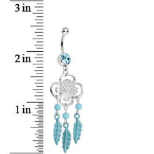 Load image into Gallery viewer, Aqua Gem and Feathers Flowered Dreamcatcher Dangle Belly Ring