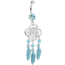 Load image into Gallery viewer, Aqua Gem and Feathers Flowered Dreamcatcher Dangle Belly Ring