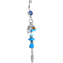 Load image into Gallery viewer, Blue Gem Turquoise Silver Feathers Native American Dangle Belly Ring