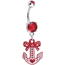 Load image into Gallery viewer, Red Gem Valentine's Nautical Anchor Dangle Belly Ring