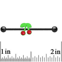 Load image into Gallery viewer, Black Anodized Titanium Luscious Green Red Cherries Industrial Barbell
