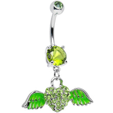 Load image into Gallery viewer, Green Gem Paved Heart Neon Wings Dangle Belly Ring