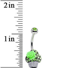 Load image into Gallery viewer, Green Gem Paved Rose Flower Topped Cupcake Belly Ring