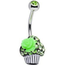 Load image into Gallery viewer, Green Gem Paved Rose Flower Topped Cupcake Belly Ring