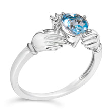 Load image into Gallery viewer, Sterling Silver Blue Topaz Heart Claddagh Ring
