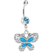 Load image into Gallery viewer, Aqua Gem Studded Wing Aqua Butterfly Dangle Belly Ring
