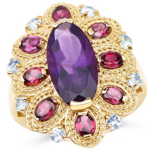 Load image into Gallery viewer, 14K Yellow Gold Plated 6.80 Carat Genuine Amethyst, Rhodolite & Blue Topaz .925 Sterling Silver Ring