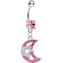 Load image into Gallery viewer, Pink Gem Paved Moon Crystalline Gem Celestial Star Dangle Belly Ring