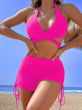 Load image into Gallery viewer, Coastal Curve Halter Bikini Set for Women – V-Neck Crisscross Drawstring Swimsuit with Chic Ring Detail & High-Waisted Boxer Shorts for Summer – Sleek Two-Piece Nylon Swimwear for Women’s Beach & Poolside Style