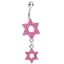 Load image into Gallery viewer, Pink Gem Paved Double Star of David Dangle Belly Ring