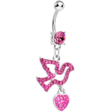 Load image into Gallery viewer, Pink Gem Paved Dove and Heart Dangle Belly Ring