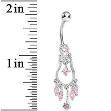 Load image into Gallery viewer, Pink Gem Pear with Dainty Rose Flower Dangle Belly Ring