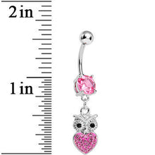 Load image into Gallery viewer, Pink Gem and Paved Heart For the Love of Owls Dangle Belly Ring