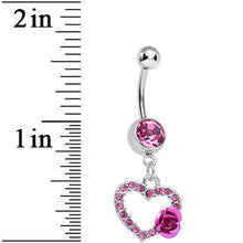 Load image into Gallery viewer, Pink Gem Paved Hollow Heart with Sweet Rose Flower Dangle Belly Ring