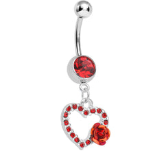 Load image into Gallery viewer, Red Gem Paved Hollow Heart with Sweet Rose Flower Dangle Belly Ring