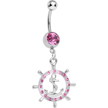Load image into Gallery viewer, Pink Gem Ship Wheel and Anchor Dangle Belly Ring