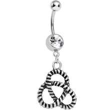 Load image into Gallery viewer, Crystalline Gem Black and Silver Striped Knot Dangle Belly Ring