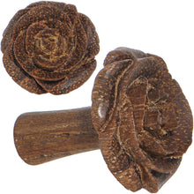 Load image into Gallery viewer, 6G Organic Teak Wood Mocha Rosebud Hand Carved Plug Set