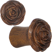 Load image into Gallery viewer, 2G Organic Teak Wood Mocha Rosebud Hand Carved Plug Set