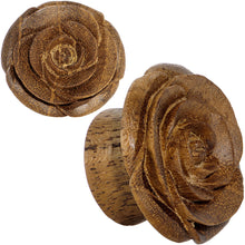 Load image into Gallery viewer, 3/4 Organic Teak Wood Mocha Rosebud Hand Carved Plug Set