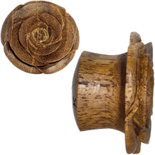 Load image into Gallery viewer, 3/4 Organic Teak Wood Mocha Rosebud Hand Carved Plug Set