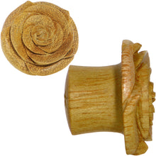 Load image into Gallery viewer, 5/8 Organic Jackfruit Wood Yellow Rosebud Hand Carved Plug Set