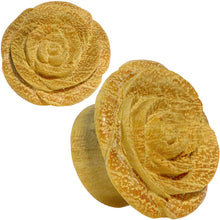 Load image into Gallery viewer, 7/8 Organic Jackfruit Wood Yellow Rosebud Hand Carved Plug Set