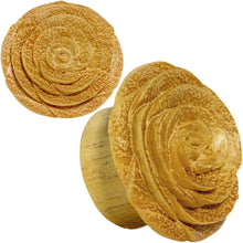 Load image into Gallery viewer, 1 inch Organic Jackfruit Wood Yellow Rosebud Hand Carved Plug Set