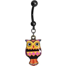 Load image into Gallery viewer, Pink and Yellow Patchwork Artistic Owl Dangle Belly Ring
