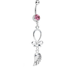 Load image into Gallery viewer, Pink Gem Bowtie with Angel Wing Dangle Belly Ring