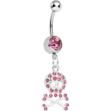 Load image into Gallery viewer, Pink Gem Glam Skull and Crossbones Dangle Belly Ring