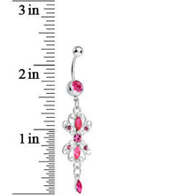 Load image into Gallery viewer, Pink Gem Twin Scrolls and Teardrops Dangle Belly Ring